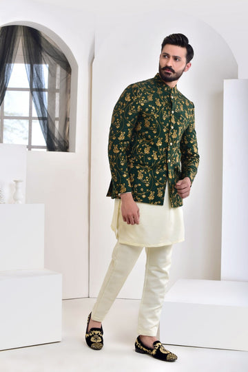 Green Color Golden Embroidered Prince Coat For Men